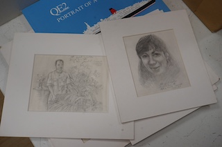 David Smith (1920-1999), seven pencil sketches on tracing paper, Passengers and members of the crew, QE2 cruise 1996/97, each signed, inscribed and dated, together with a Cunard portrait of a Great Ship souvenir booklet